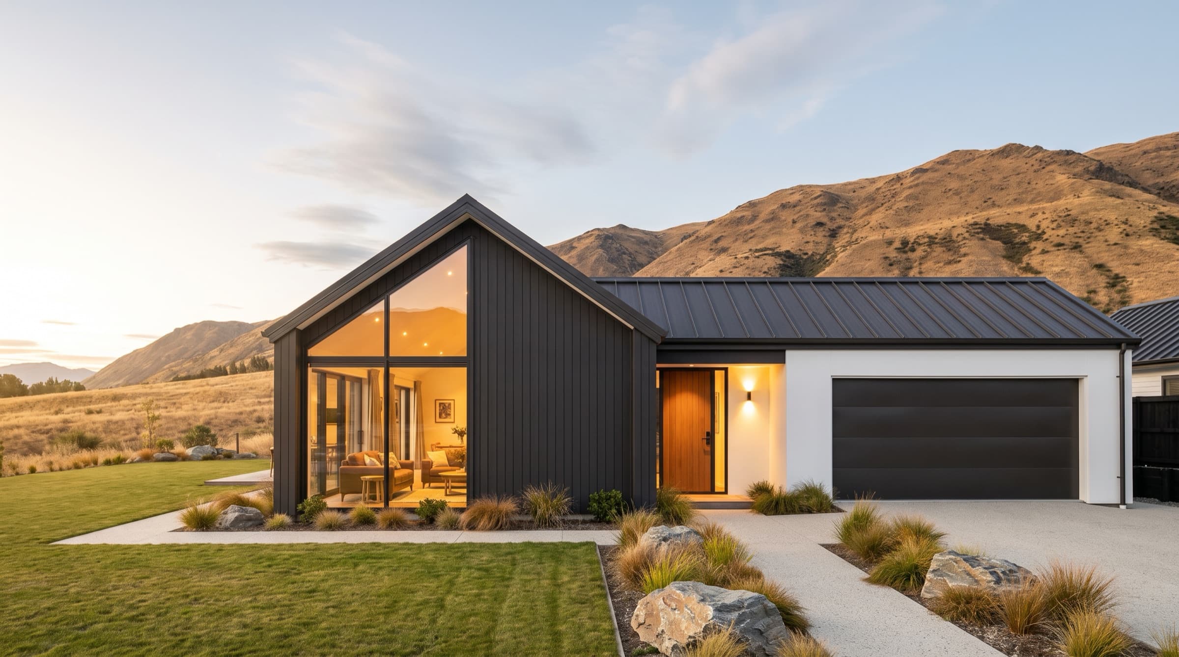 A contemporary New Zealand home at golden hour: a dark-clad gable with a full-height window glowing warm from inside, a white garage wing alongside, tussock and schist planting, and dry golden hills rising behind.