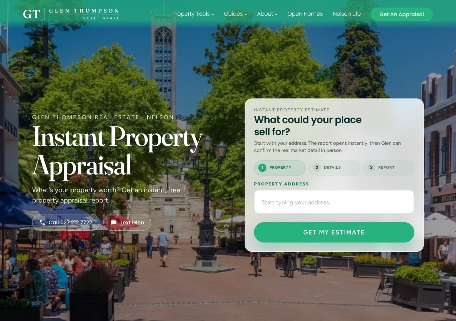 A live agent website home page carrying the agency's own branding, with the instant appraisal tool in the hero.