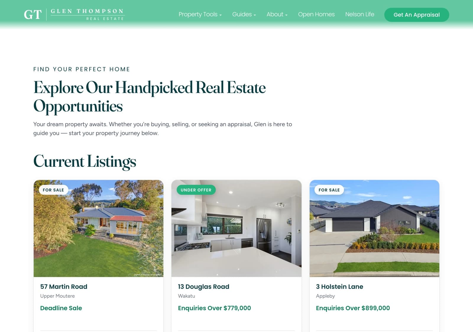 A live listings page: property cards with photographs, For sale and Under offer badges, addresses, suburbs and price expectations.