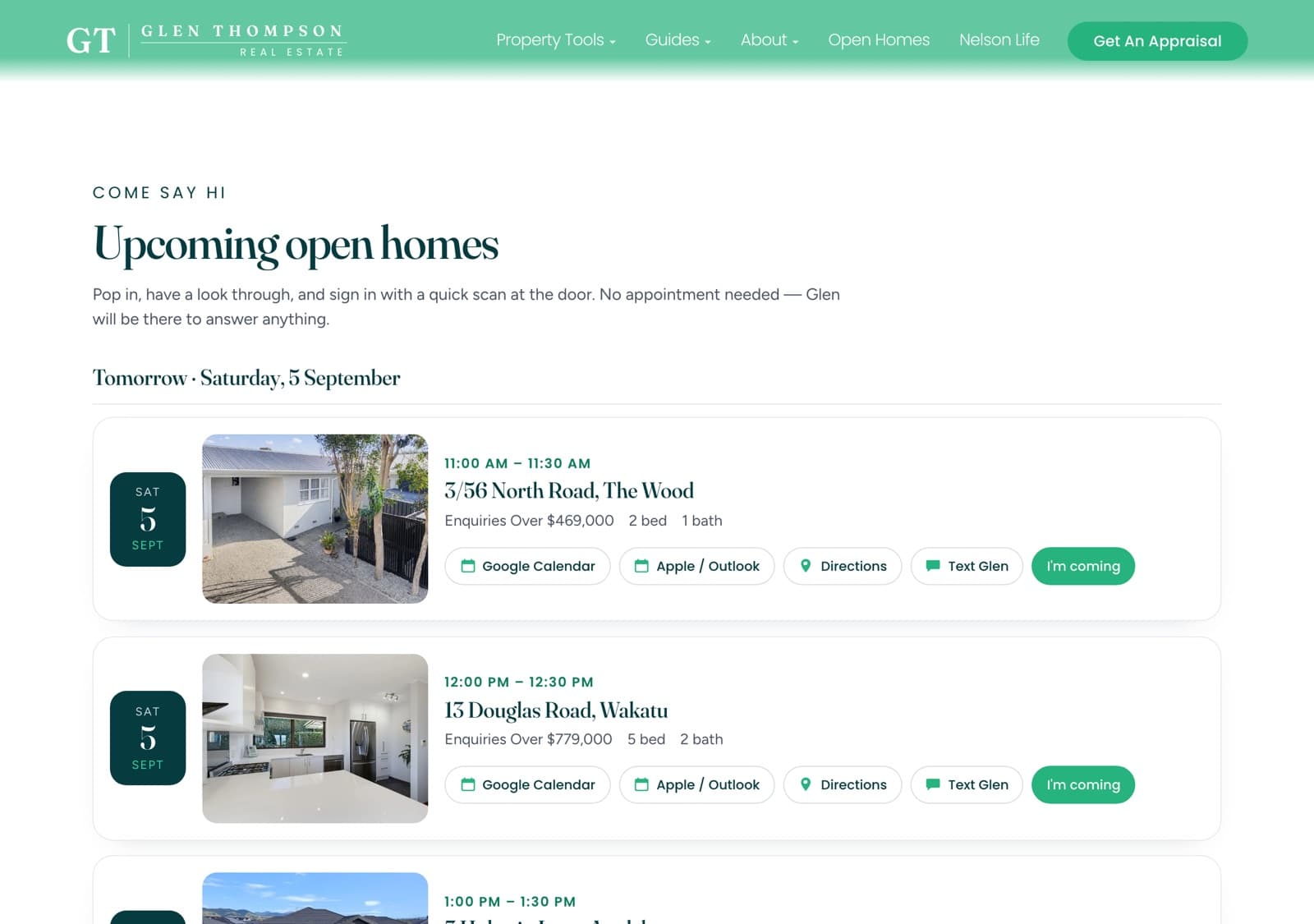 A live open home schedule: each listing with its time, price and bedrooms, and buttons to add it to a calendar, get directions, text the agent, or say you are coming.