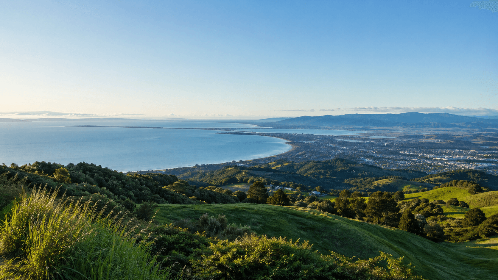 Panoramic view across Nelson and Tasman Bay from the hills above the city.
