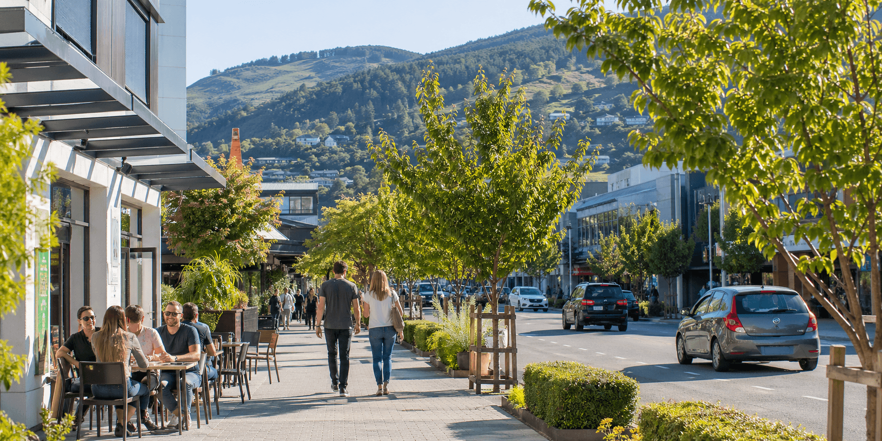 Leafy Nelson city street with cafes, pedestrians, and hills behind.