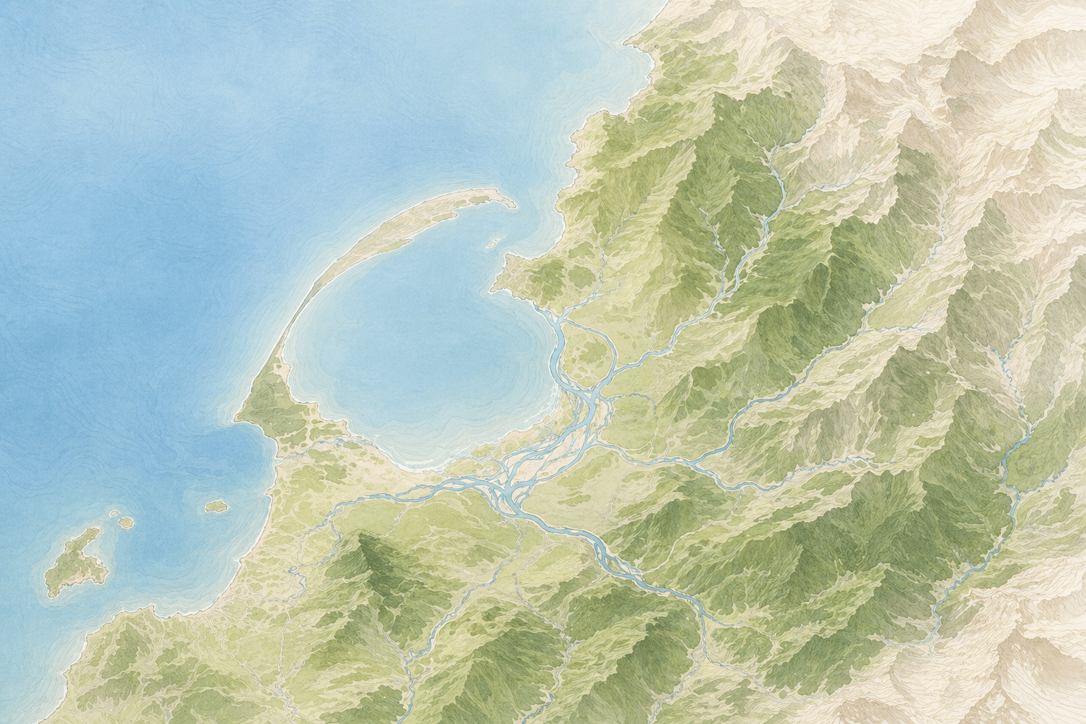 Illustrated map view of the Nelson and Tasman region with bay, estuary, hills, and valleys.