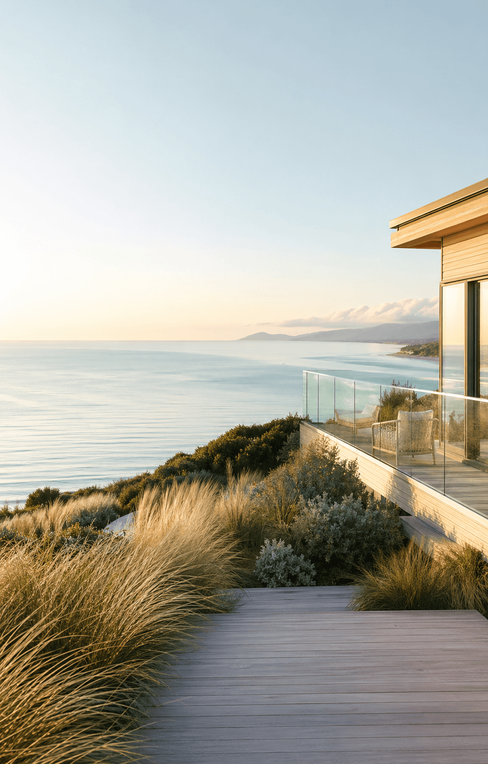 Premium coastal home overlooking Tasman Bay with breezy dune grasses and soft golden light.