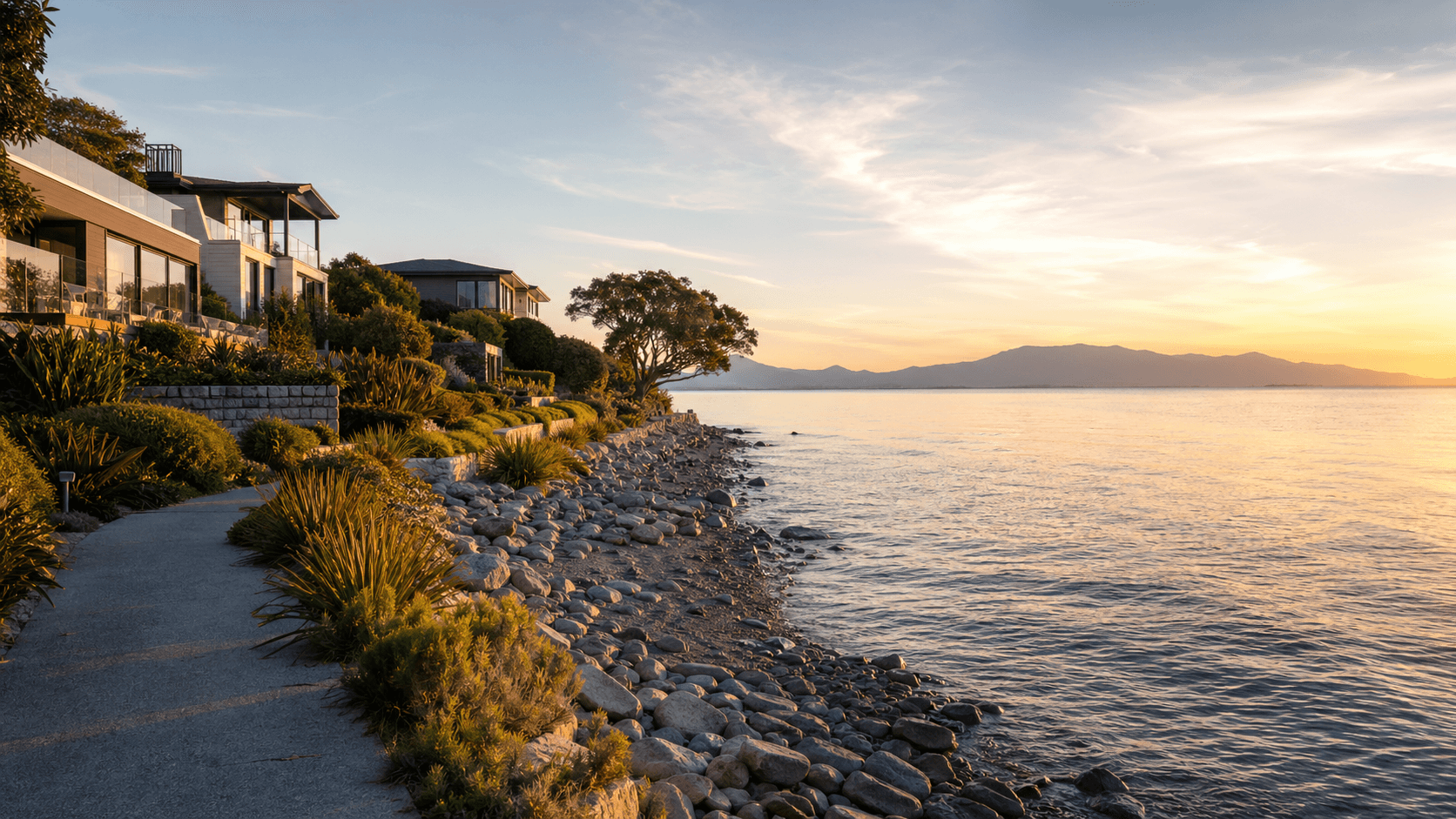 Golden-hour coastal homes and shoreline at Ruby Bay.