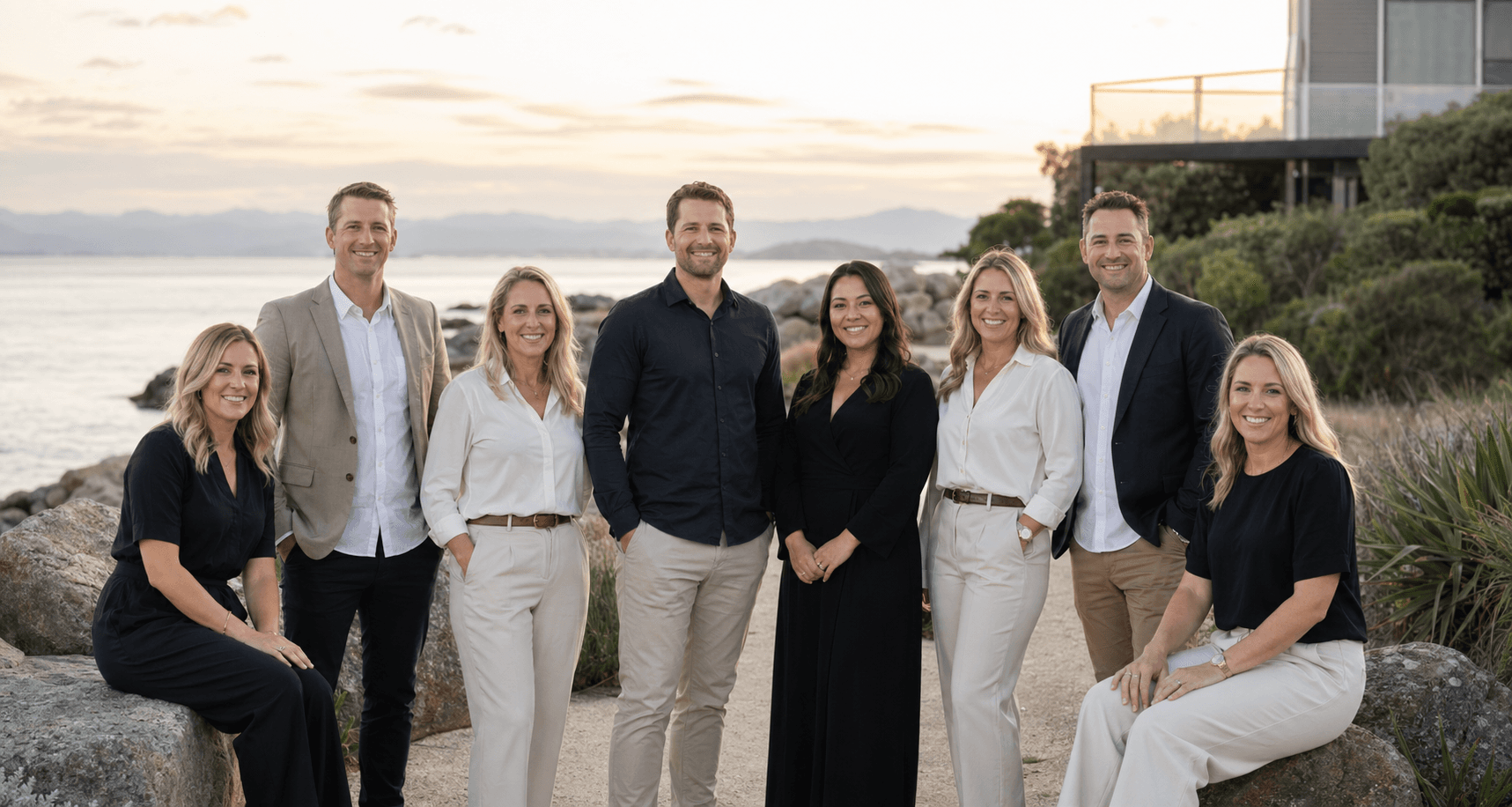 A polished group portrait of a Nelson and Tasman real estate team near the waterfront.