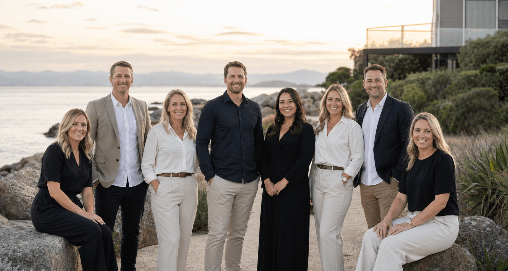 A polished group portrait of a Nelson and Tasman real estate team near the waterfront.