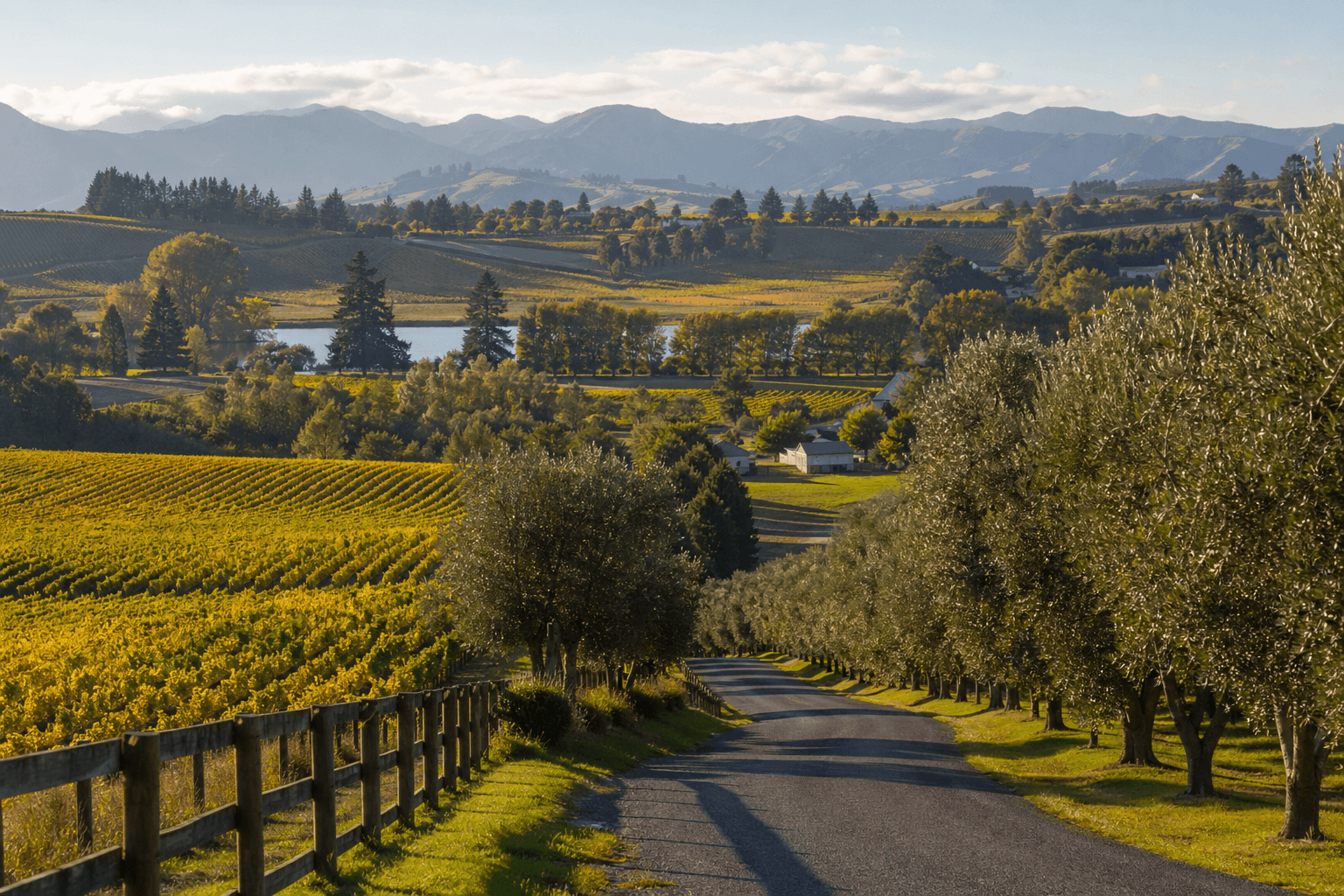 Rolling vineyards and olive groves in the Upper Moutere countryside.
