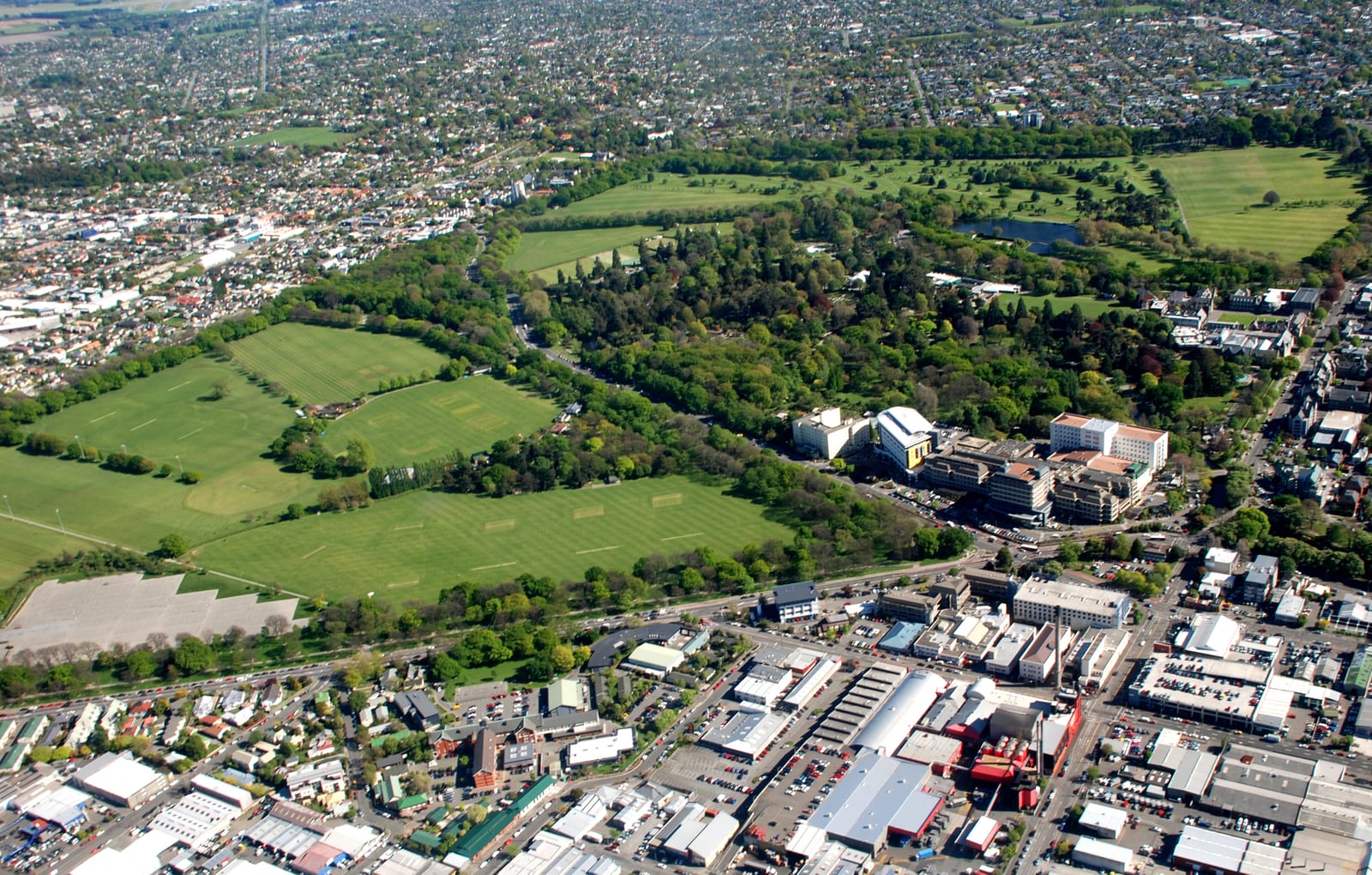 Aerial view over Christchurch's leafy suburbs and Hagley Park.